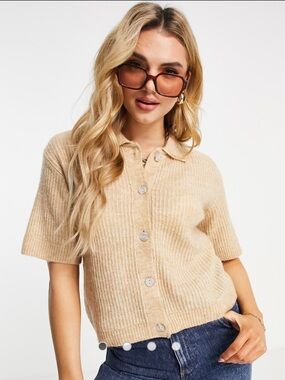 Short Sleeve Button-Front Knit Top in Beige